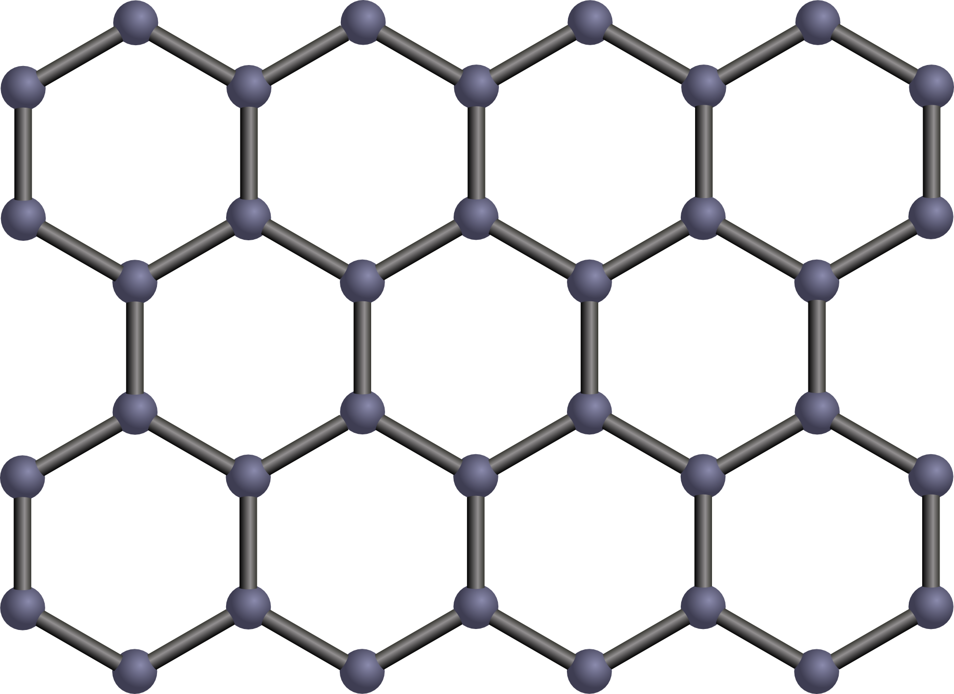 A network made up of hexagons containing black lines connected by spherical beads