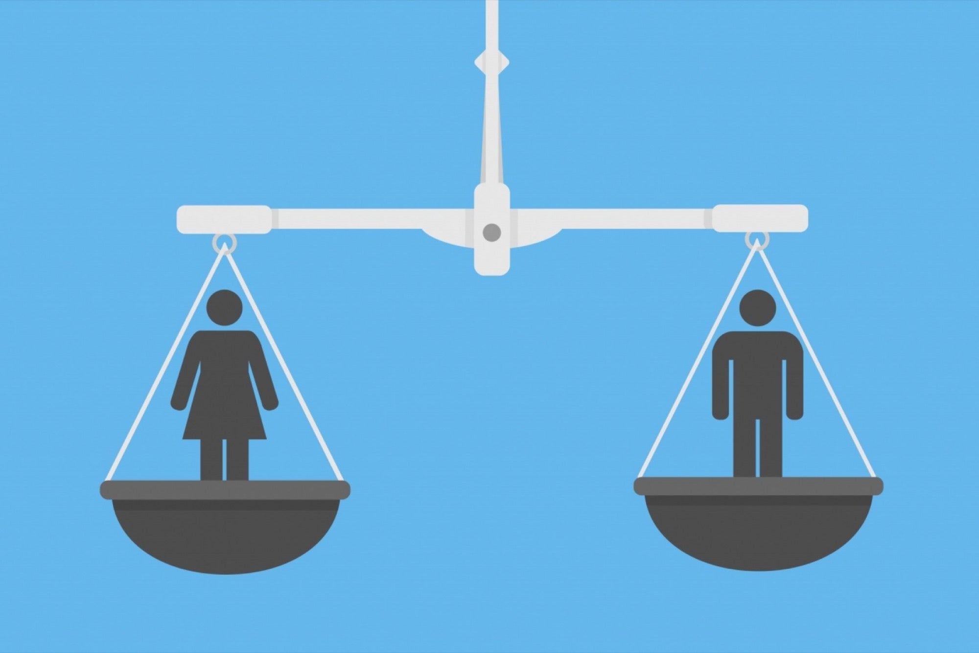 A scale with a man standing in the left part and a woman on the right